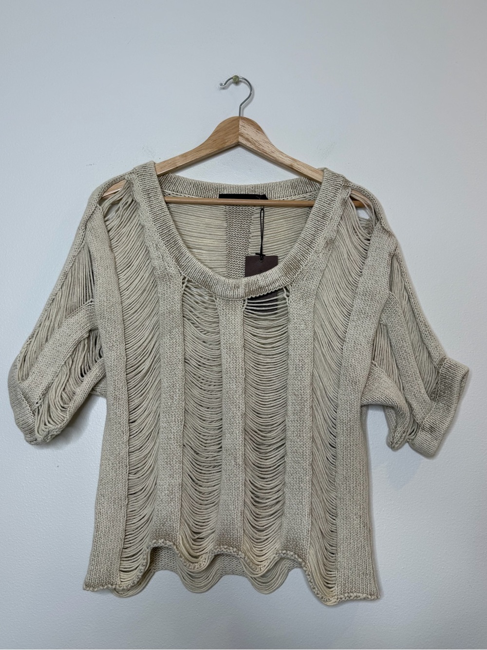New Nicholas K Ivy Crop Short Sleeve Distressed Sweater barnacle beige cotton